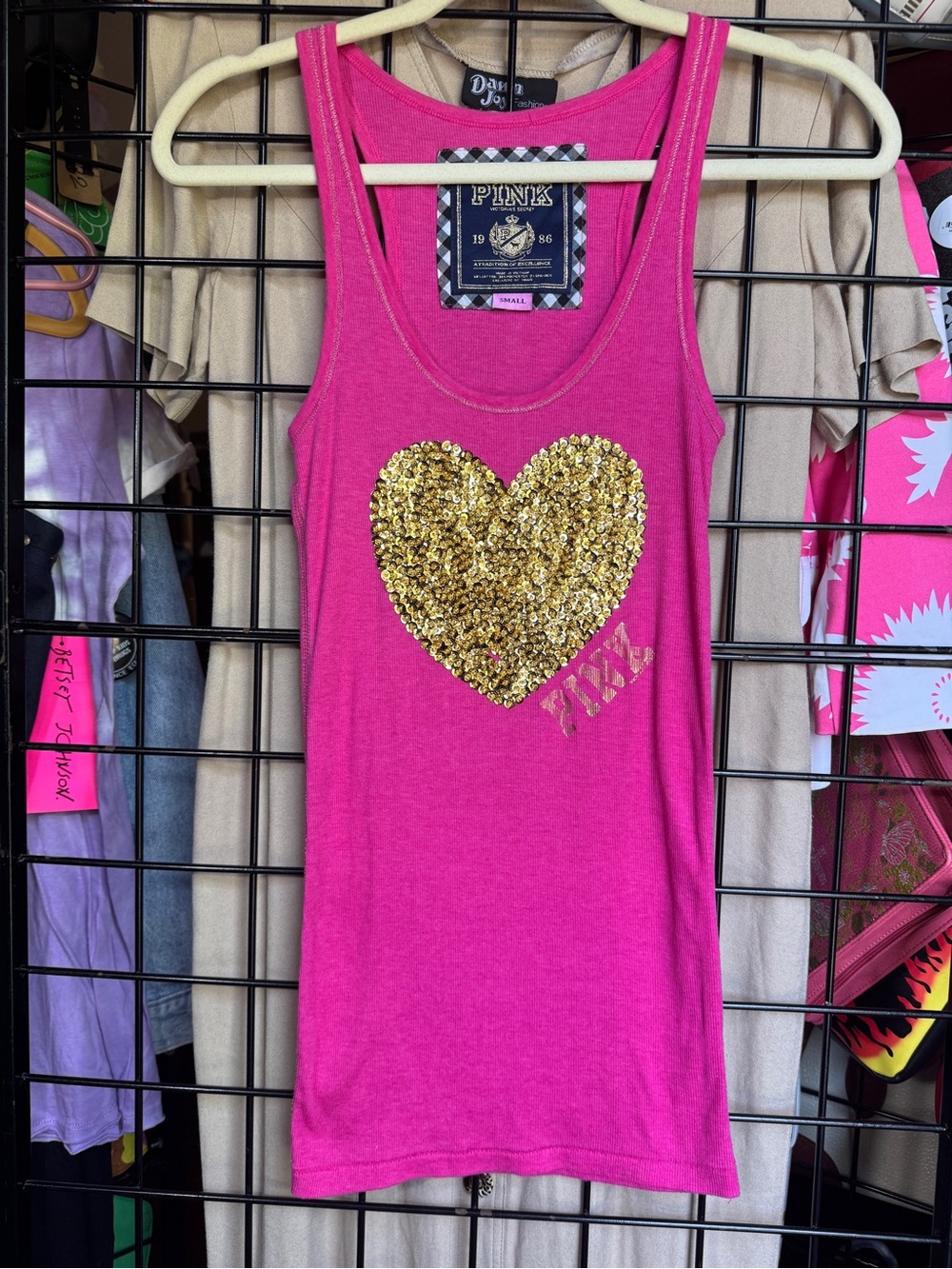 VTG PINK Victoria's Secret Bright Pink w/ Gold Sequin Heart